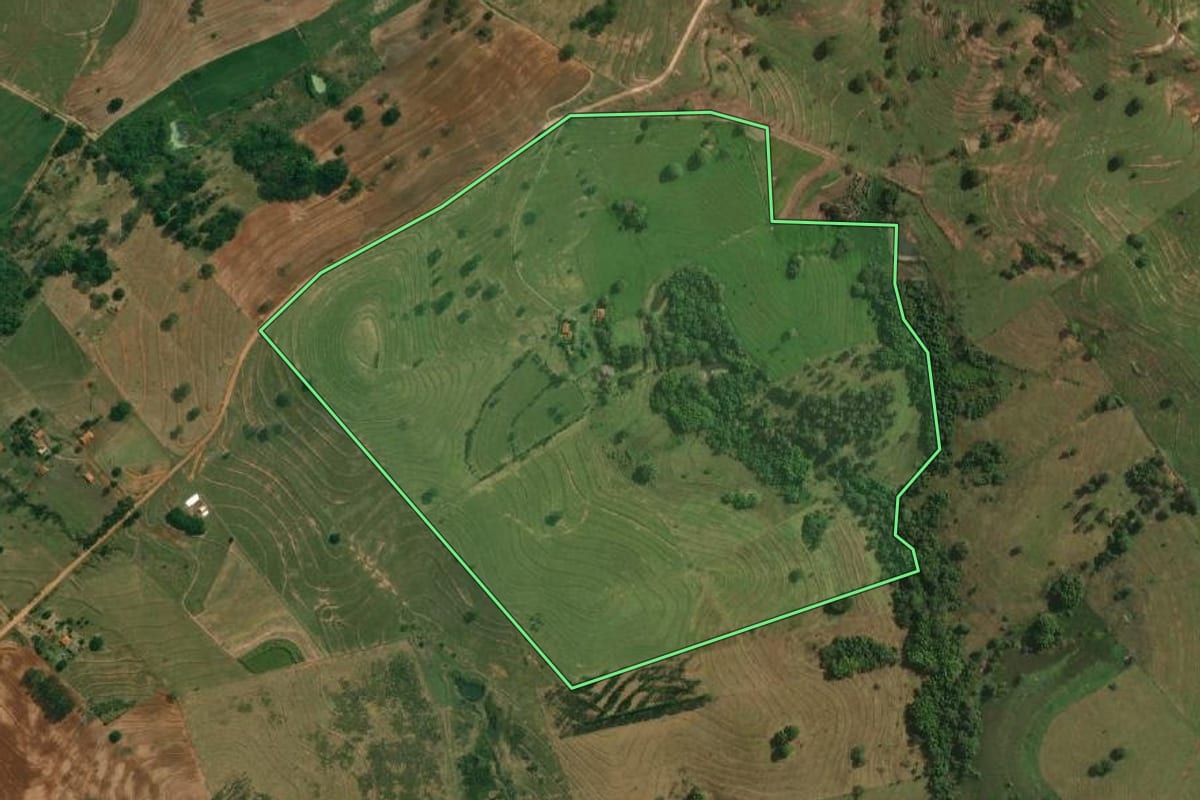Imagem de satélite do imóvel rural em Presidente Bernardes (SP), com o contorno declarado no CAR desenhado por cima.