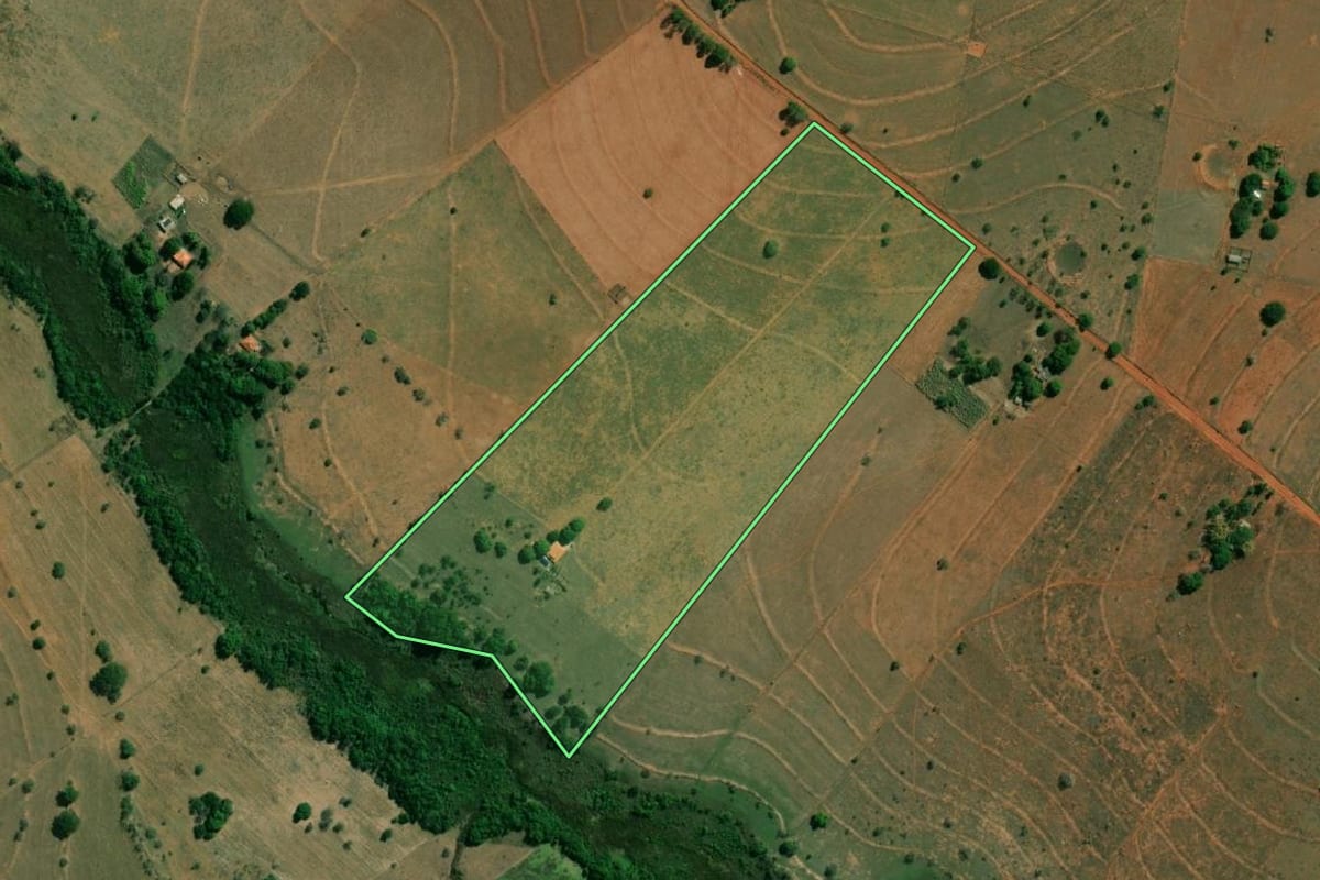 Imagem de satélite do imóvel rural em Presidente Epitácio (SP), com o contorno declarado no CAR desenhado por cima.