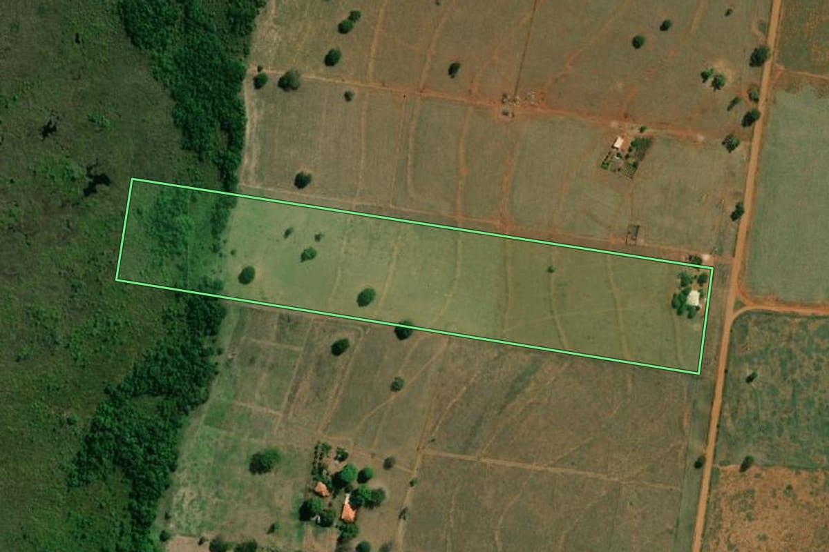 Imagem de satélite do imóvel rural em Presidente Epitácio (SP), com o contorno declarado no CAR desenhado por cima.