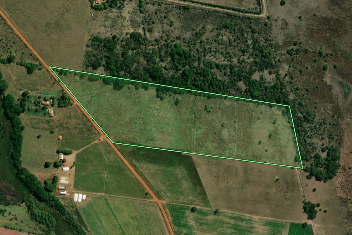 Imagem de satélite do imóvel rural em Presidente Epitácio (SP), com o contorno declarado no CAR desenhado por cima.