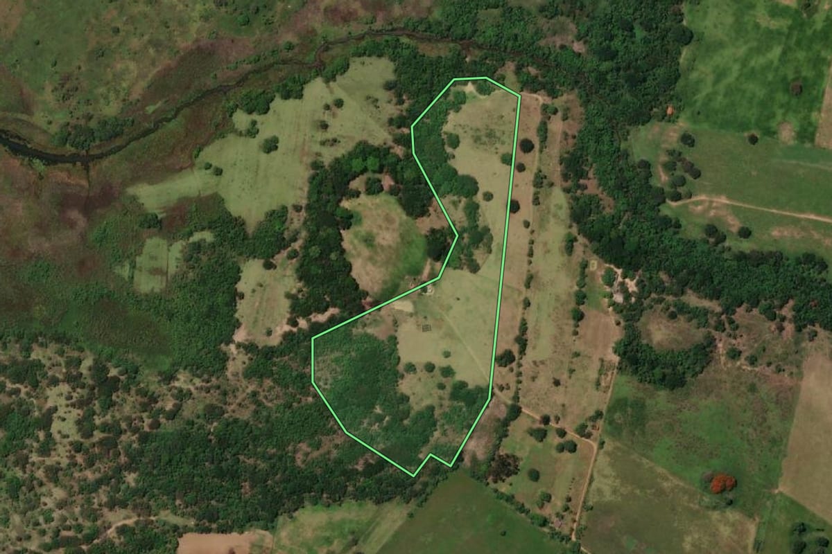 Imagem de satélite do imóvel rural em Presidente Epitácio (SP), com o contorno declarado no CAR desenhado por cima.