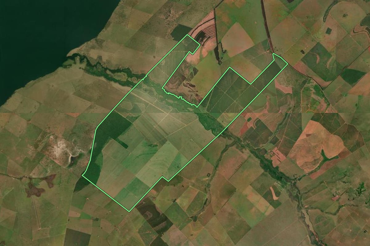 Imagem de satélite do imóvel rural em Presidente Epitácio (SP), com o contorno declarado no CAR desenhado por cima.