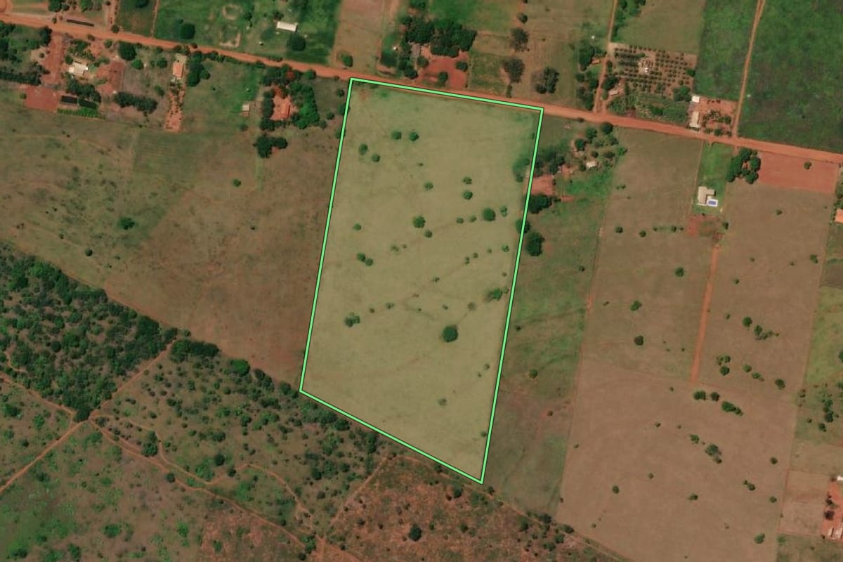 Imagem de satélite do imóvel rural em Presidente Epitácio (SP), com o contorno declarado no CAR desenhado por cima.