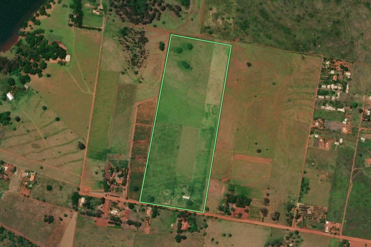 Imagem de satélite do imóvel rural em Presidente Epitácio (SP), com o contorno declarado no CAR desenhado por cima.