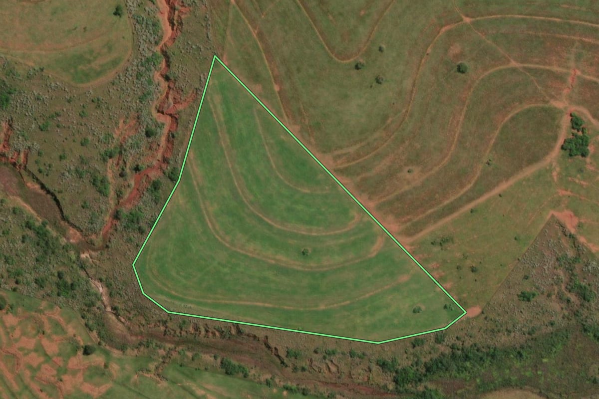 Imagem de satélite do imóvel rural em Presidente Epitácio (SP), com o contorno declarado no CAR desenhado por cima.