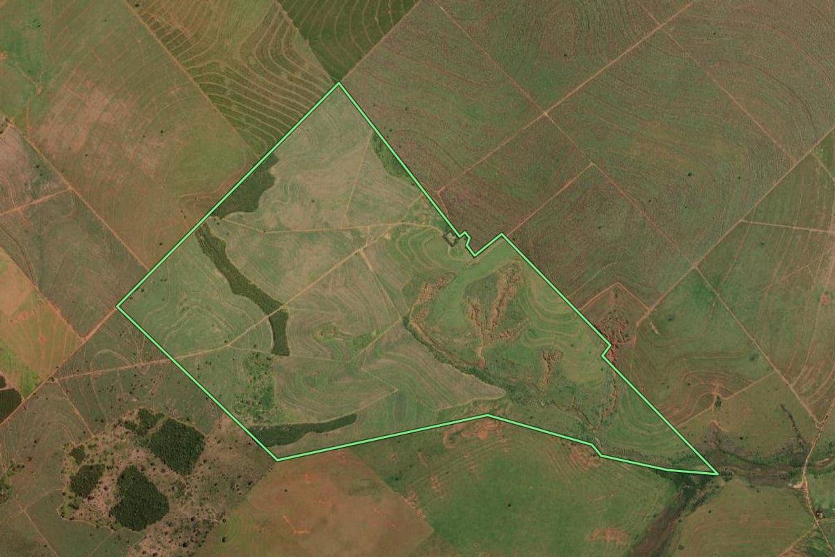 Imagem de satélite do imóvel rural em Presidente Epitácio (SP), com o contorno declarado no CAR desenhado por cima.