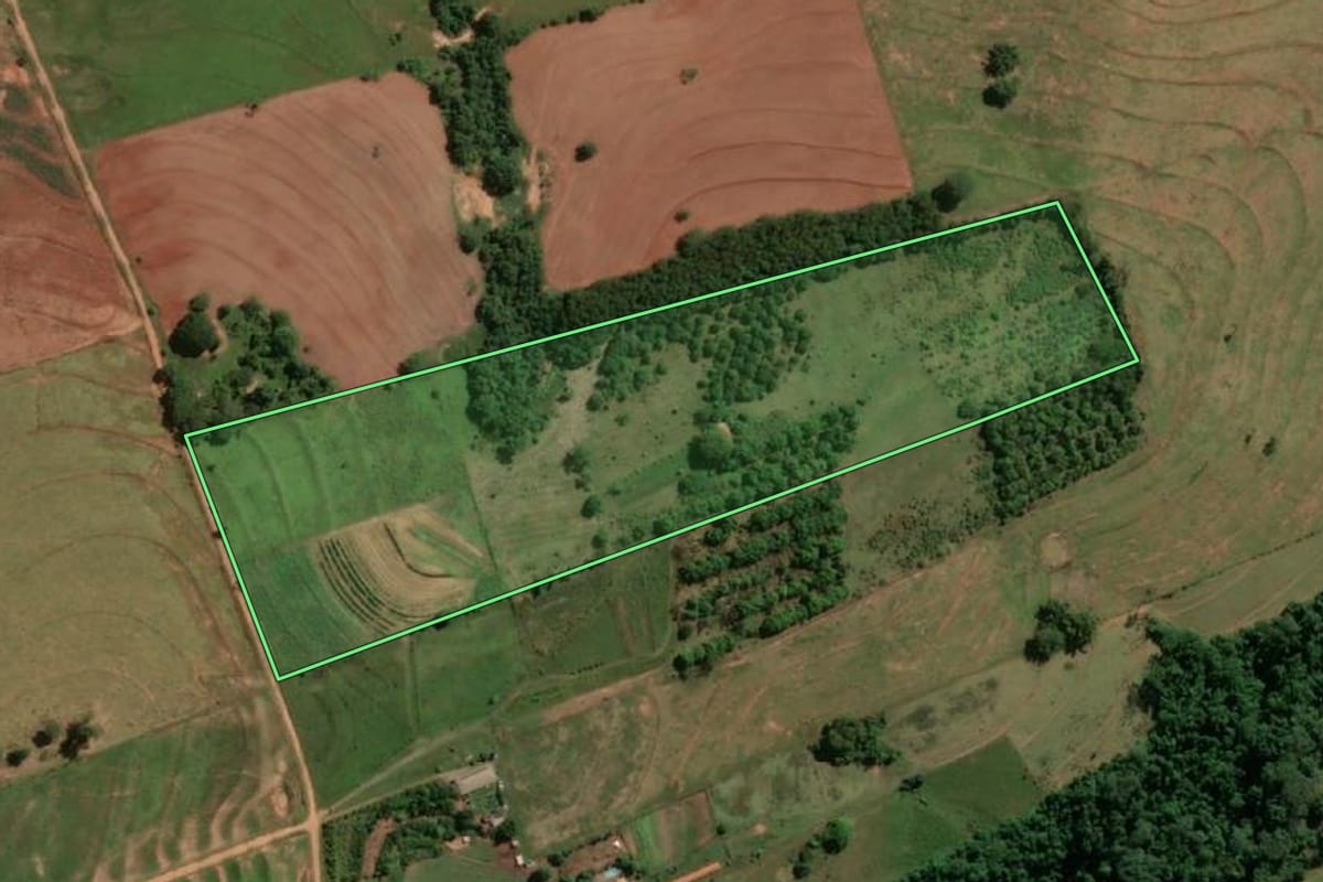 Imagem de satélite do imóvel rural em Presidente Prudente (SP), com o contorno declarado no CAR desenhado por cima.