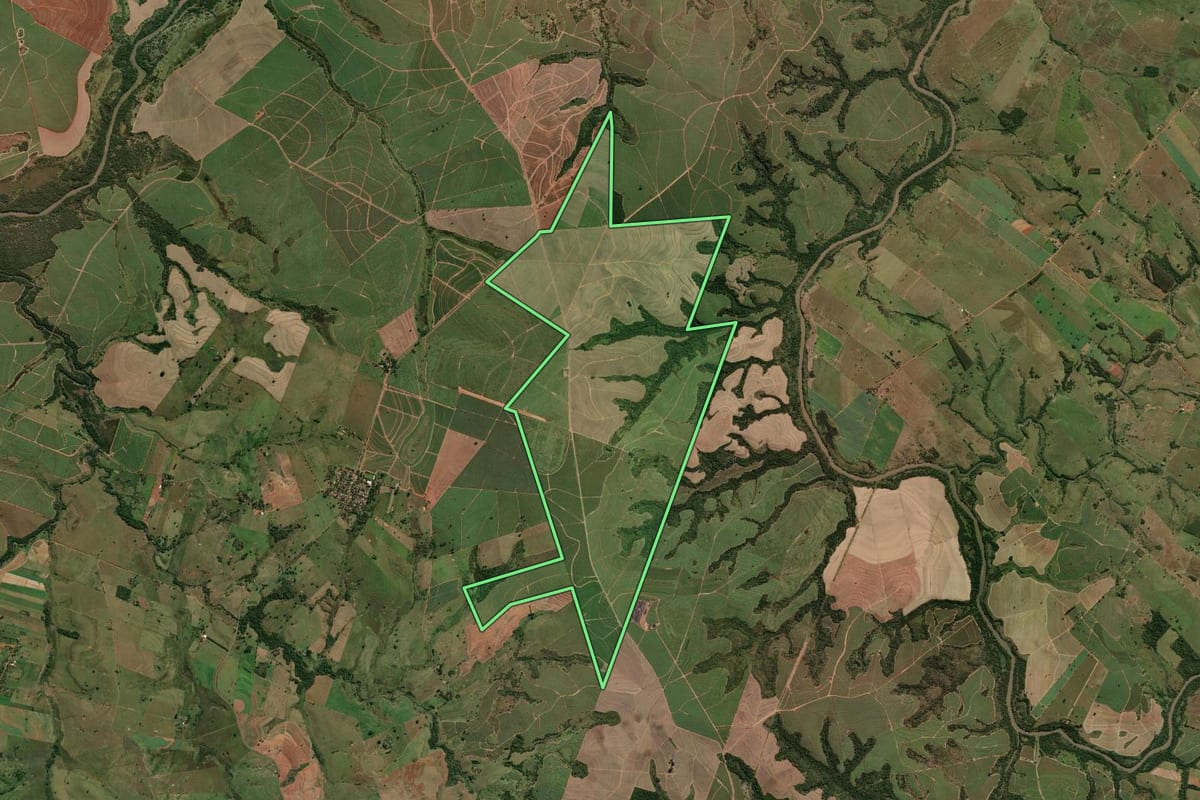 Imagem de satélite do imóvel rural em Presidente Prudente (SP), com o contorno declarado no CAR desenhado por cima.