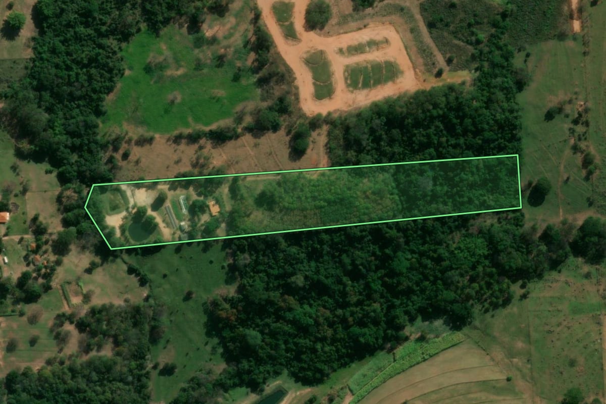 Imagem de satélite do imóvel rural em Presidente Prudente (SP), com o contorno declarado no CAR desenhado por cima.