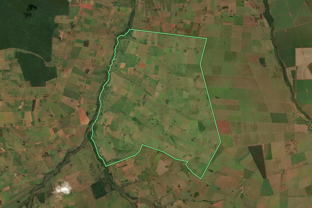Imagem de satélite do imóvel rural em Presidente Venceslau (SP), com o contorno declarado no CAR desenhado por cima.