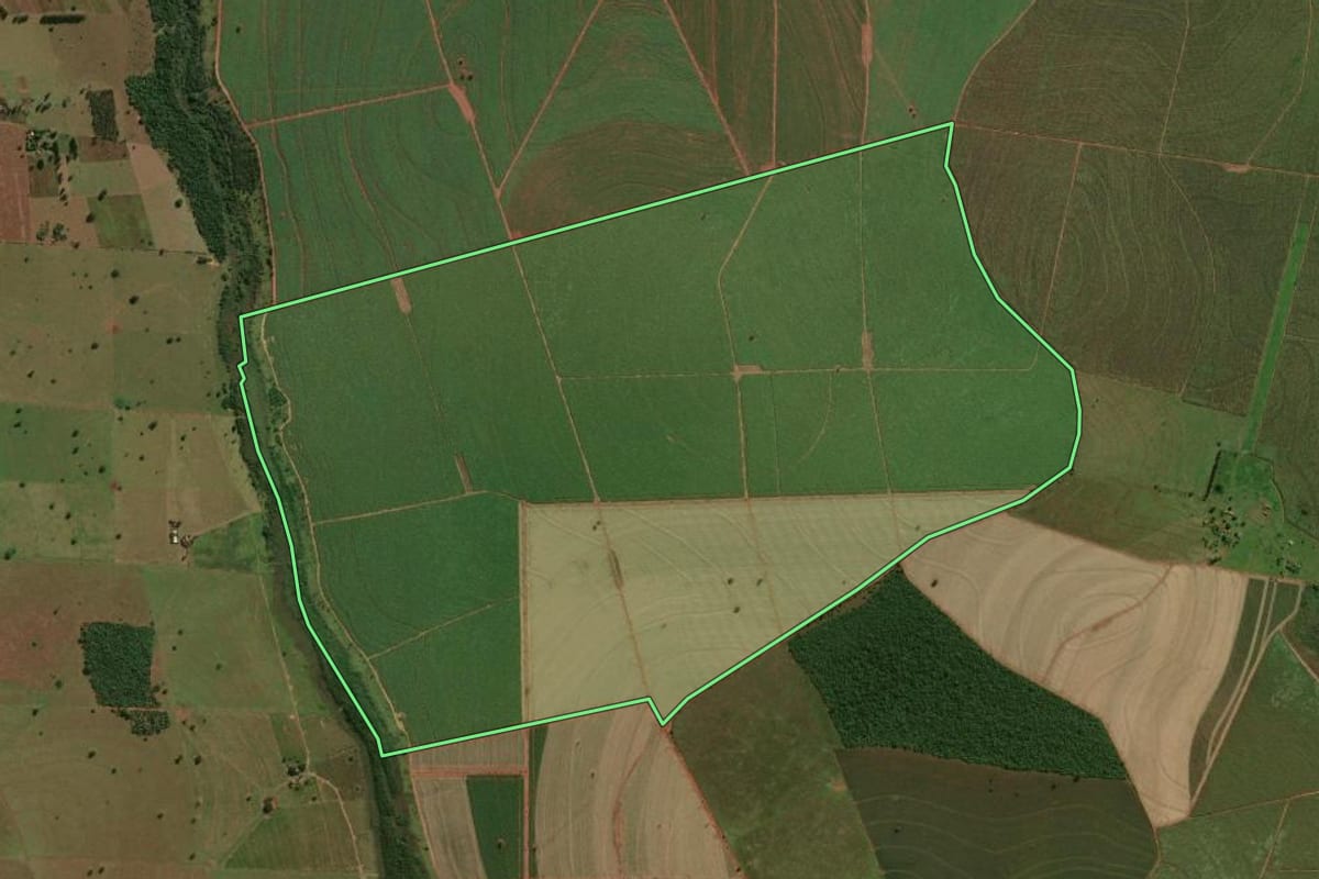 Imagem de satélite do imóvel rural em Presidente Venceslau (SP), com o contorno declarado no CAR desenhado por cima.