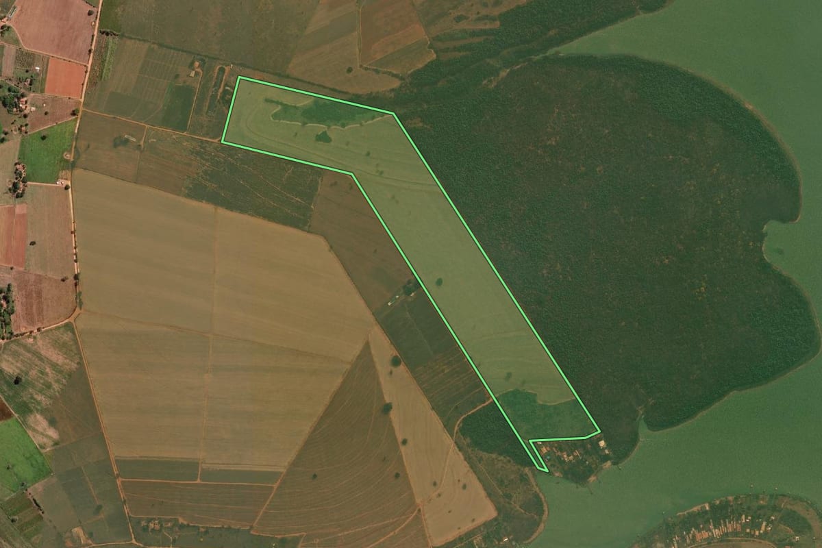 Imagem de satélite do imóvel rural em Promissão (SP), com o contorno declarado no CAR desenhado por cima.