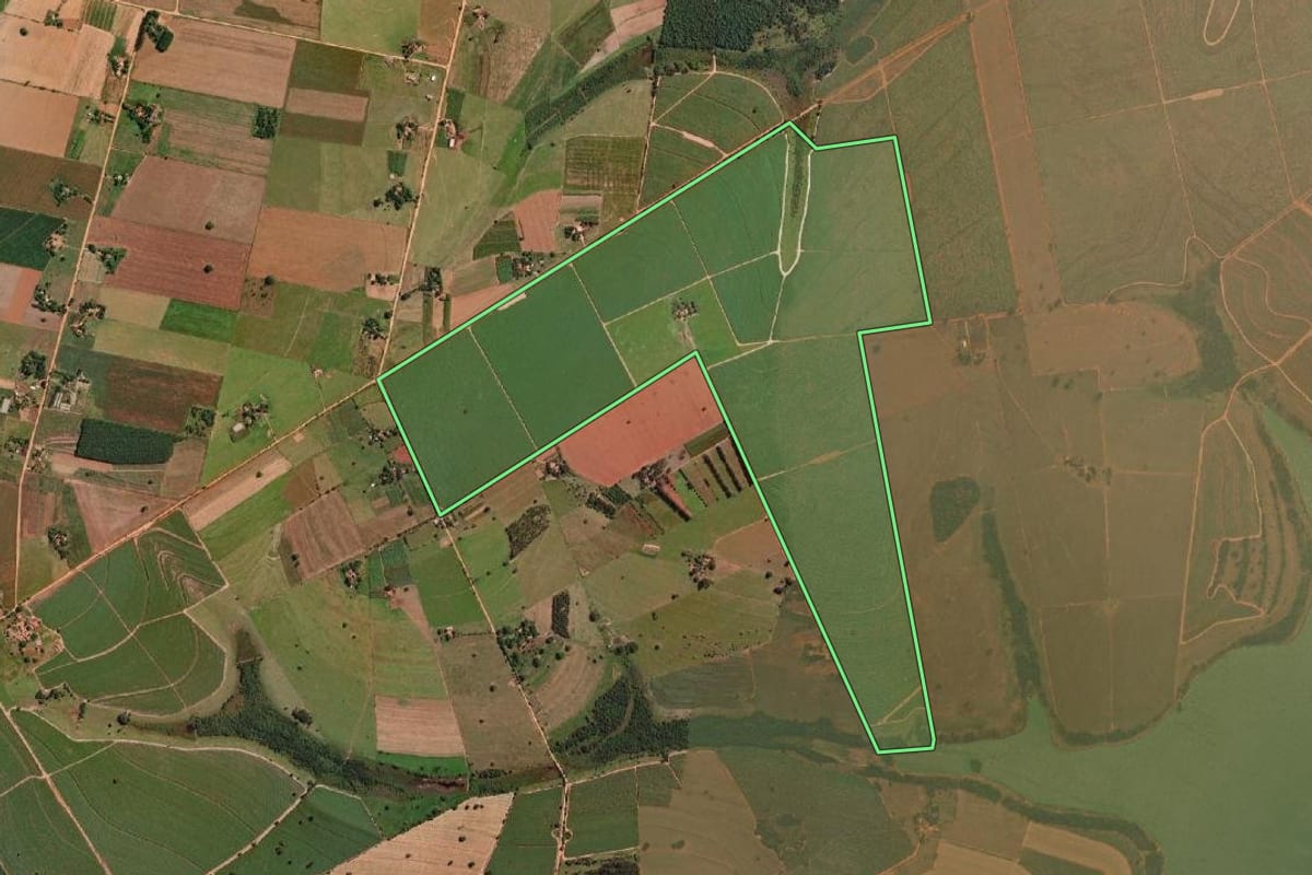 Imagem de satélite do imóvel rural em Promissão (SP), com o contorno declarado no CAR desenhado por cima.
