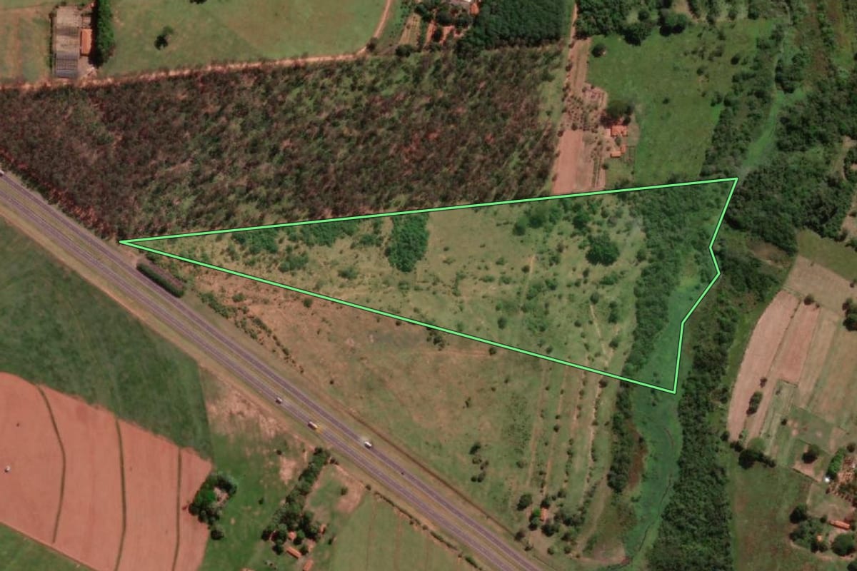 Imagem de satélite do imóvel rural em Promissão (SP), com o contorno declarado no CAR desenhado por cima.