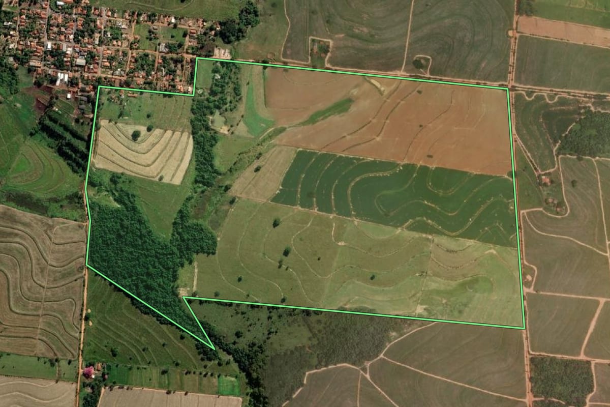 Imagem de satélite do imóvel rural em Promissão (SP), com o contorno declarado no CAR desenhado por cima.