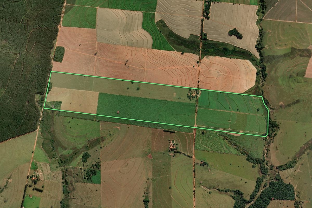 Imagem de satélite do imóvel rural em Promissão (SP), com o contorno declarado no CAR desenhado por cima.