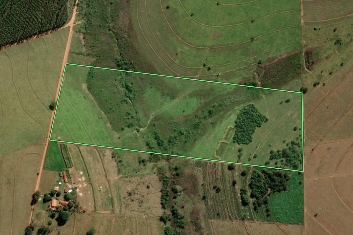 Imagem de satélite do imóvel rural em Promissão (SP), com o contorno declarado no CAR desenhado por cima.