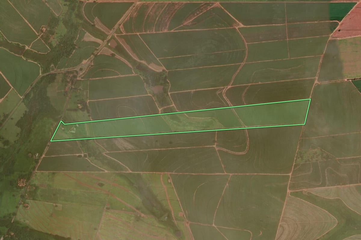 Imagem de satélite do imóvel rural em Promissão (SP), com o contorno declarado no CAR desenhado por cima.