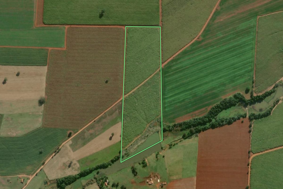 Imagem de satélite do imóvel rural em Quadra (SP), com o contorno declarado no CAR desenhado por cima.