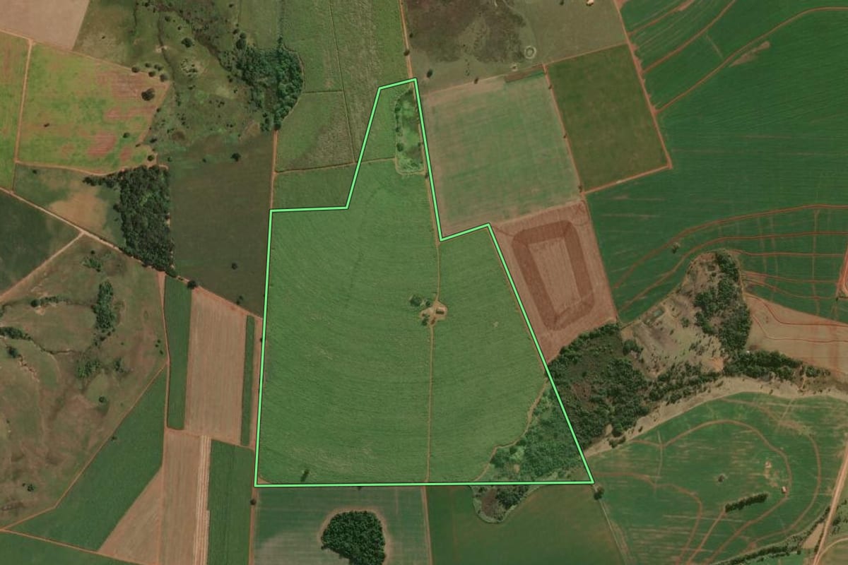Imagem de satélite do imóvel rural em Quadra (SP), com o contorno declarado no CAR desenhado por cima.