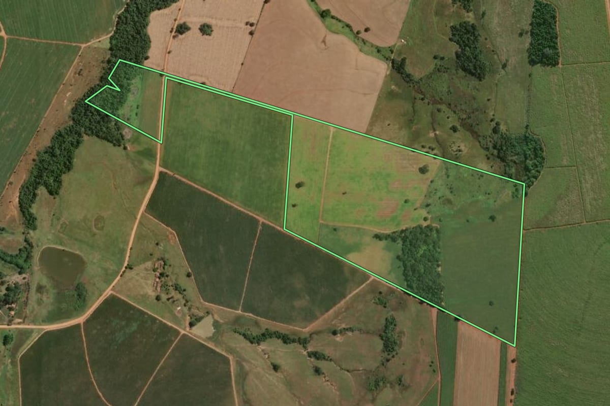 Imagem de satélite do imóvel rural em Quadra (SP), com o contorno declarado no CAR desenhado por cima.