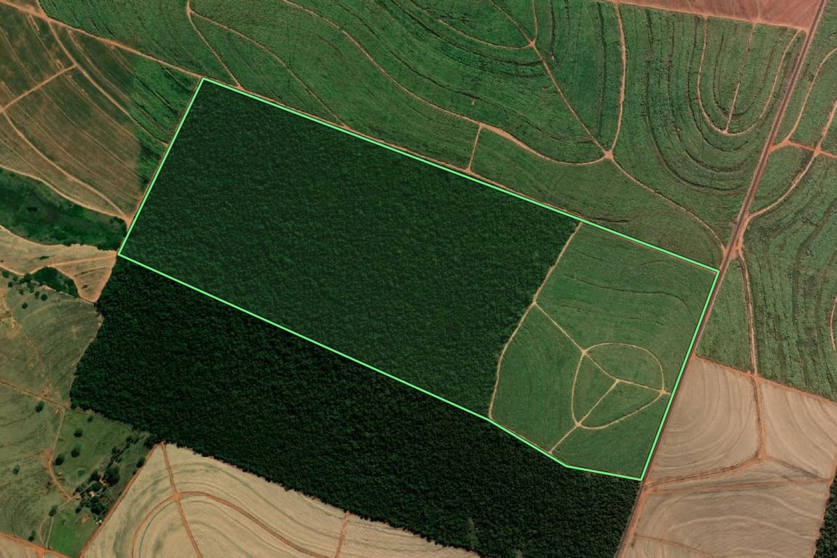 Imagem de satélite do imóvel rural em Quatá (SP), com o contorno declarado no CAR desenhado por cima.