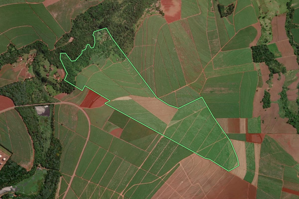 Imagem de satélite do imóvel rural em Macatuba (SP), com o contorno declarado no CAR desenhado por cima.