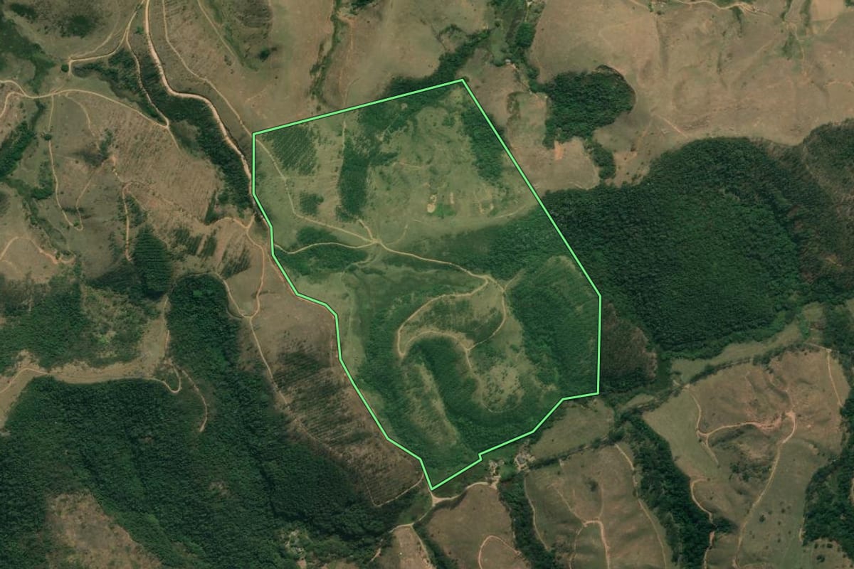 Imagem de satélite do imóvel rural em Queluz (SP), com o contorno declarado no CAR desenhado por cima.