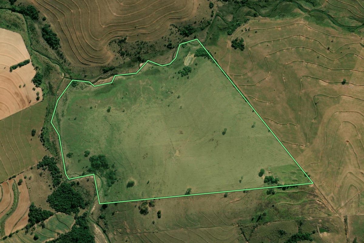 Imagem de satélite do imóvel rural em Quintana (SP), com o contorno declarado no CAR desenhado por cima.