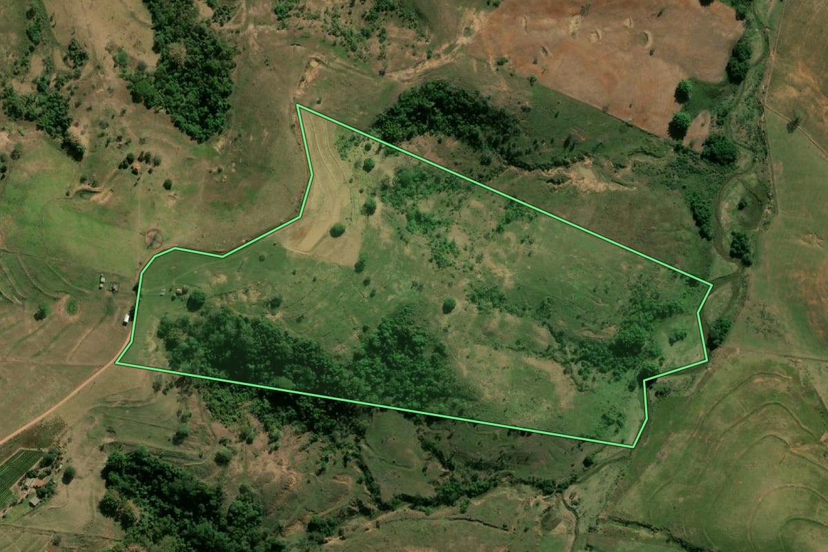 Imagem de satélite do imóvel rural em Quintana (SP), com o contorno declarado no CAR desenhado por cima.