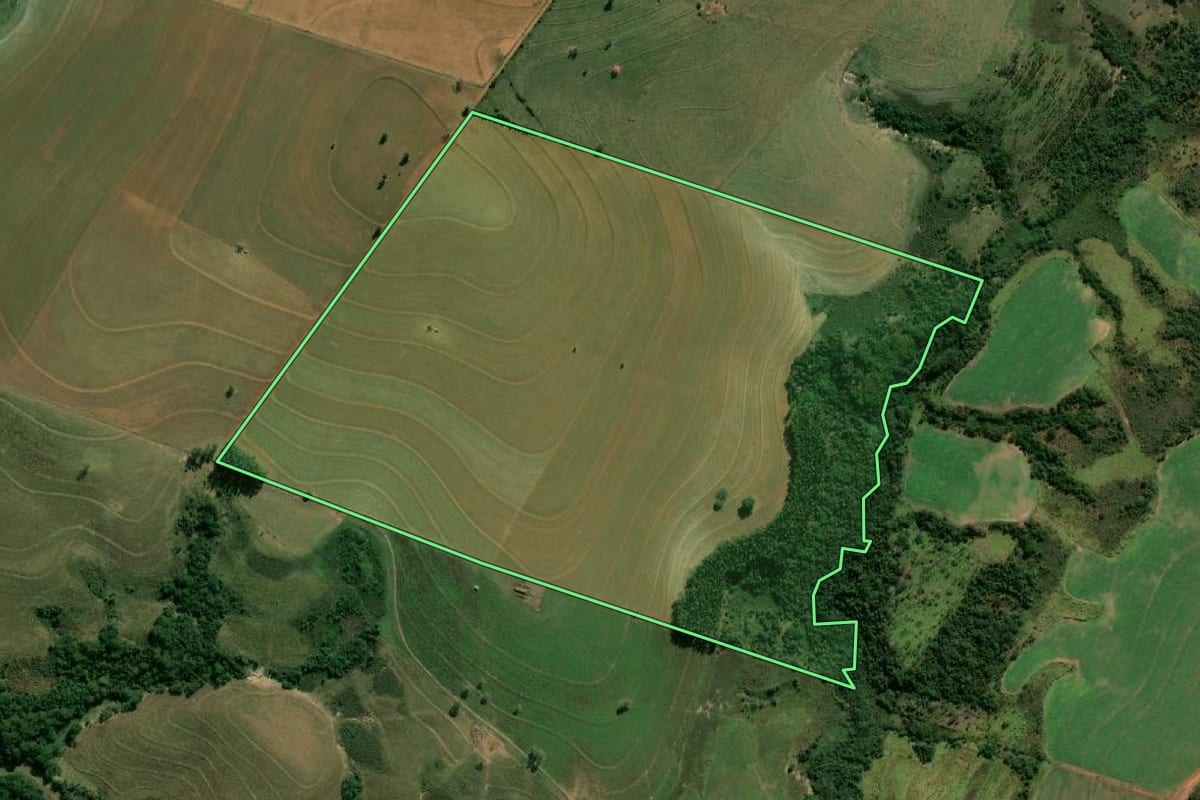 Imagem de satélite do imóvel rural em Quintana (SP), com o contorno declarado no CAR desenhado por cima.
