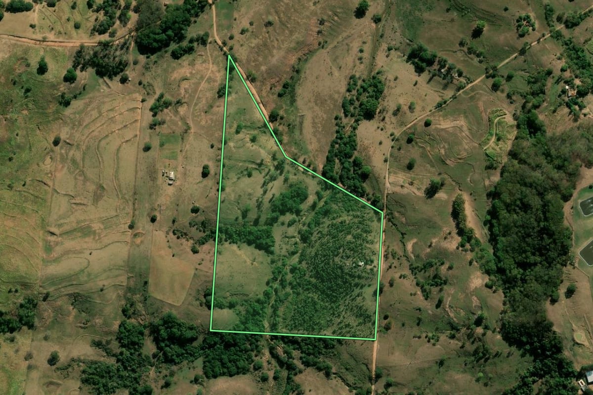 Imagem de satélite do imóvel rural em Quintana (SP), com o contorno declarado no CAR desenhado por cima.
