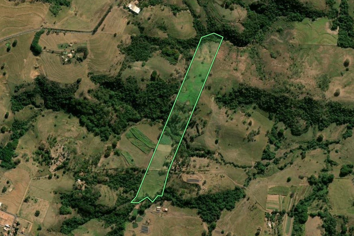 Imagem de satélite do imóvel rural em Quintana (SP), com o contorno declarado no CAR desenhado por cima.
