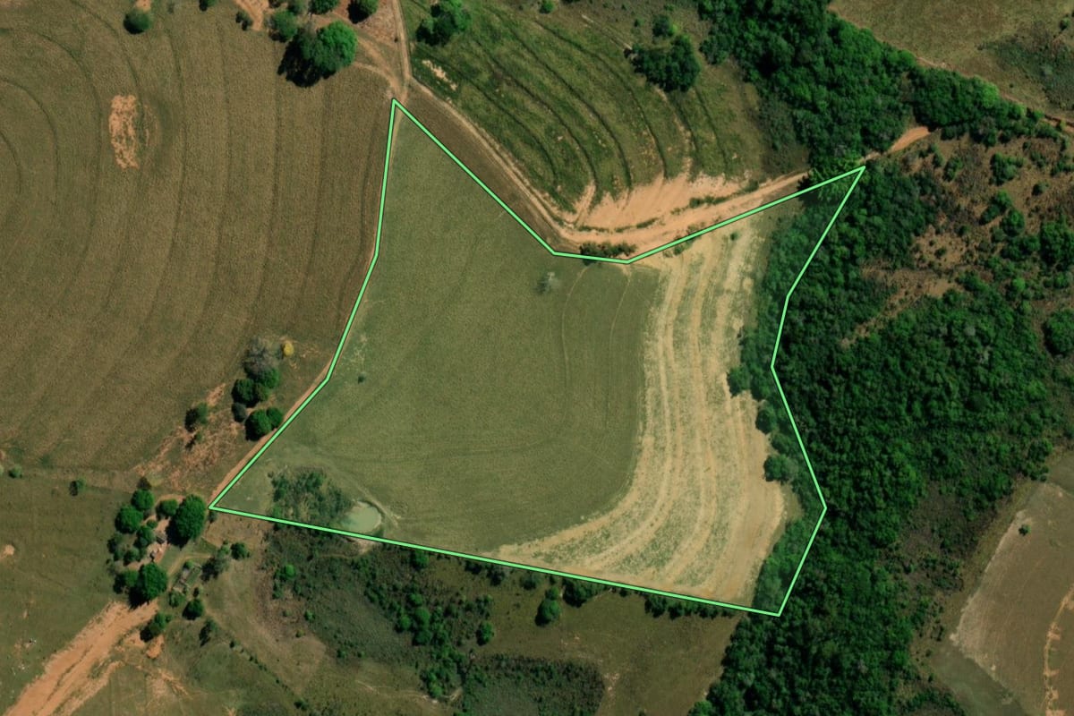 Imagem de satélite do imóvel rural em Quintana (SP), com o contorno declarado no CAR desenhado por cima.