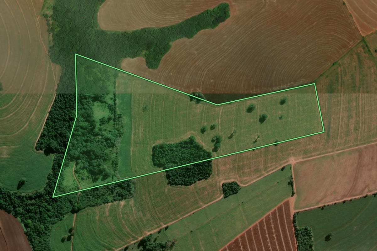 Imagem de satélite do imóvel rural em Rancharia (SP), com o contorno declarado no CAR desenhado por cima.