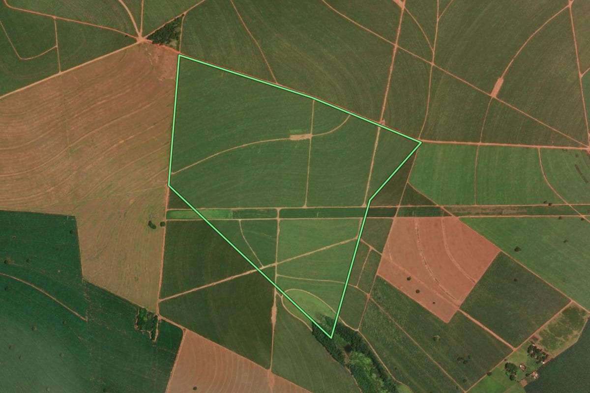 Imagem de satélite do imóvel rural em Rancharia (SP), com o contorno declarado no CAR desenhado por cima.
