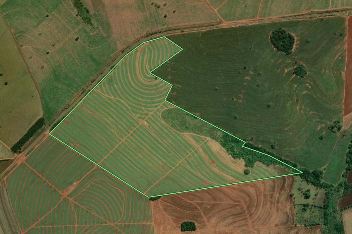 Imagem de satélite do imóvel rural em Rancharia (SP), com o contorno declarado no CAR desenhado por cima.