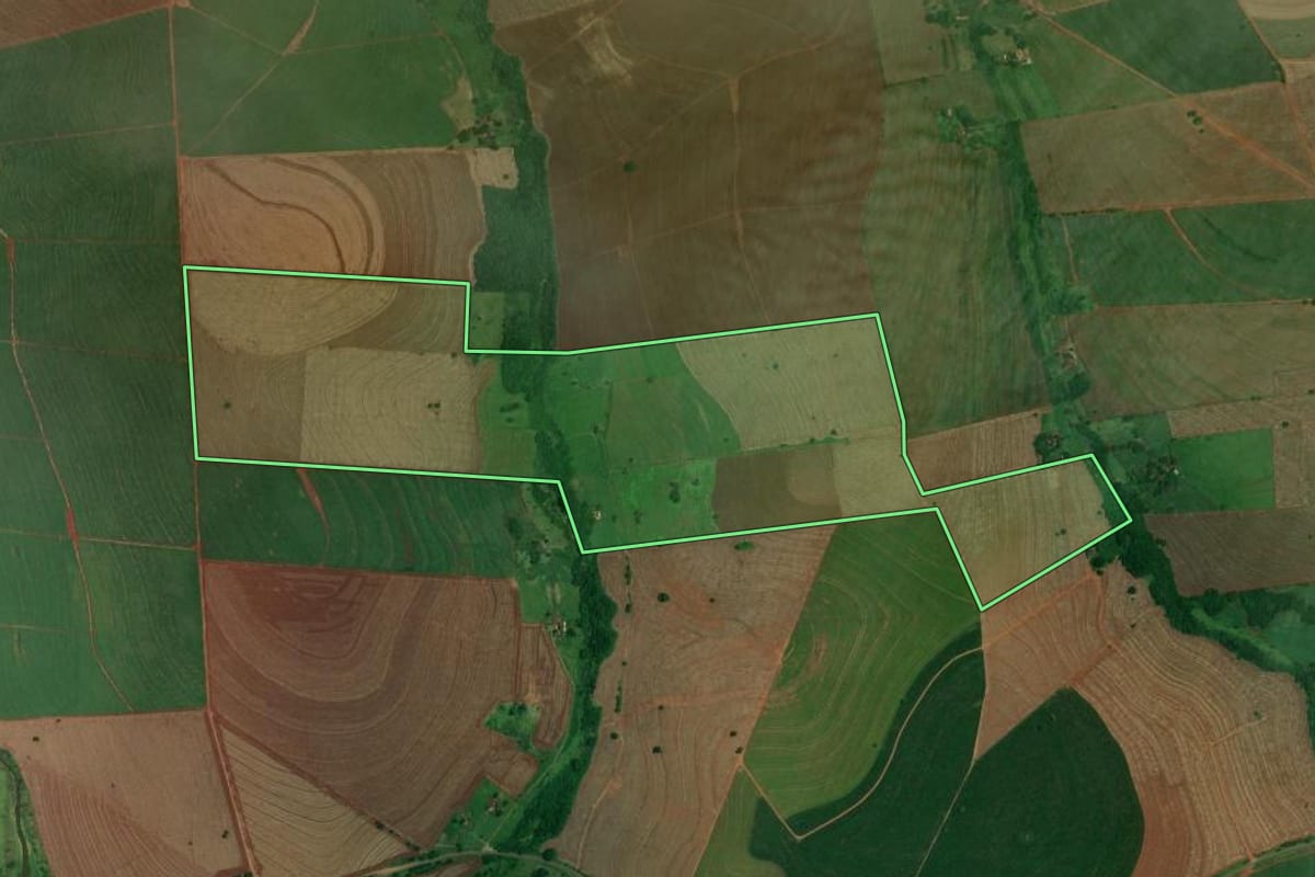 Imagem de satélite do imóvel rural em Rancharia (SP), com o contorno declarado no CAR desenhado por cima.