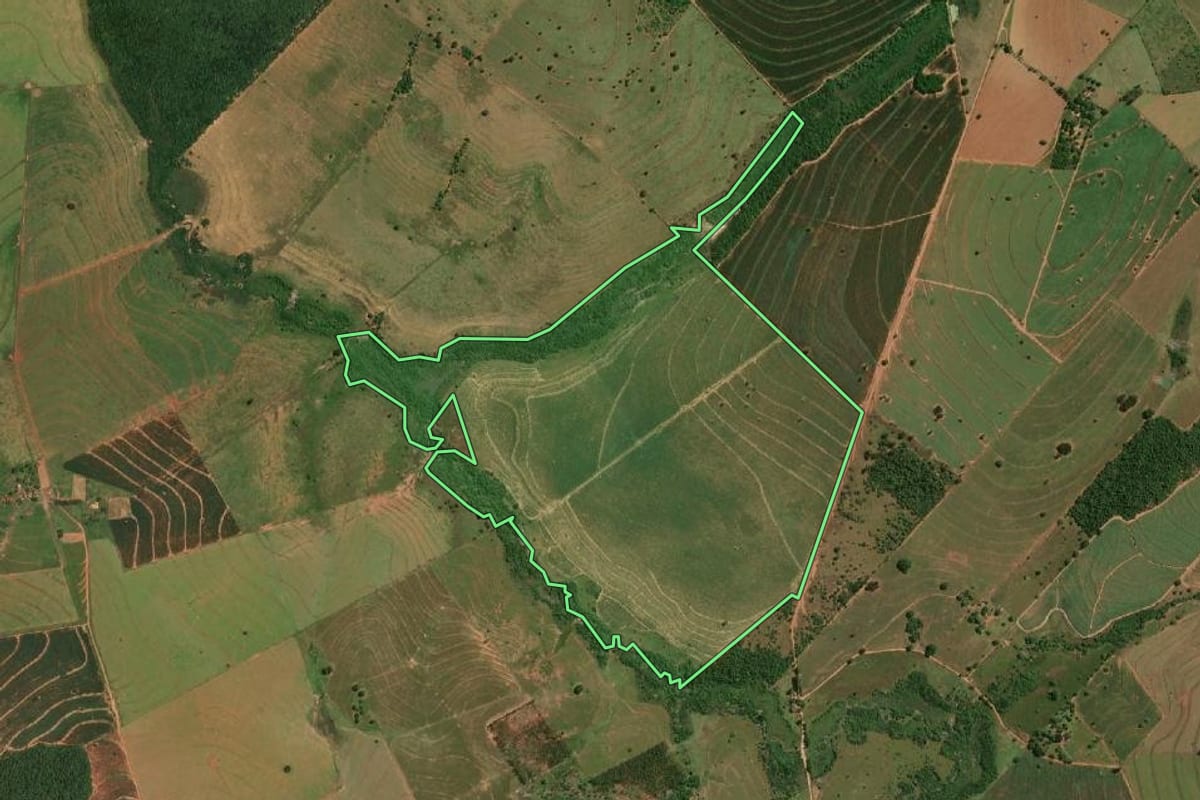 Imagem de satélite do imóvel rural em Rancharia (SP), com o contorno declarado no CAR desenhado por cima.
