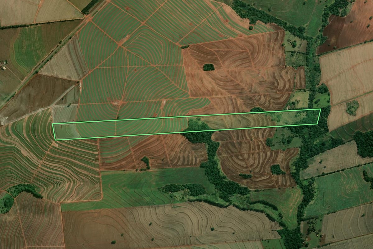 Imagem de satélite do imóvel rural em Rancharia (SP), com o contorno declarado no CAR desenhado por cima.