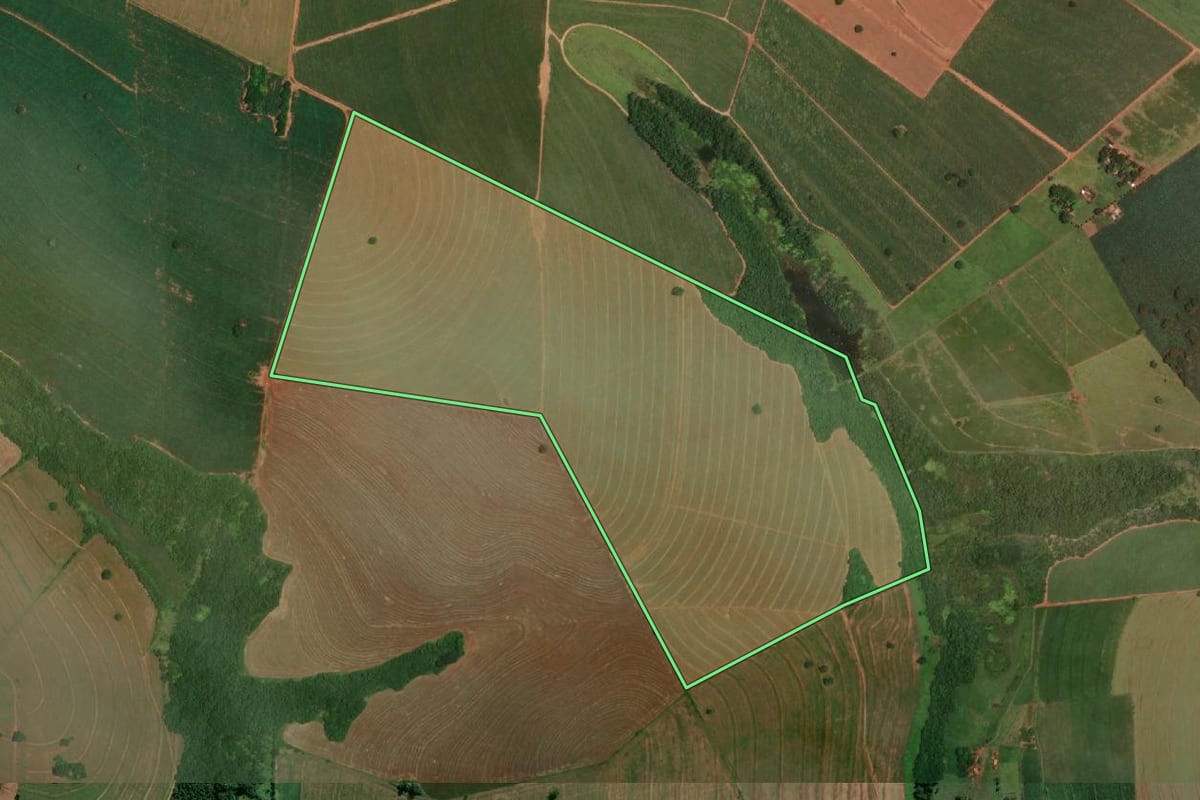 Imagem de satélite do imóvel rural em Rancharia (SP), com o contorno declarado no CAR desenhado por cima.