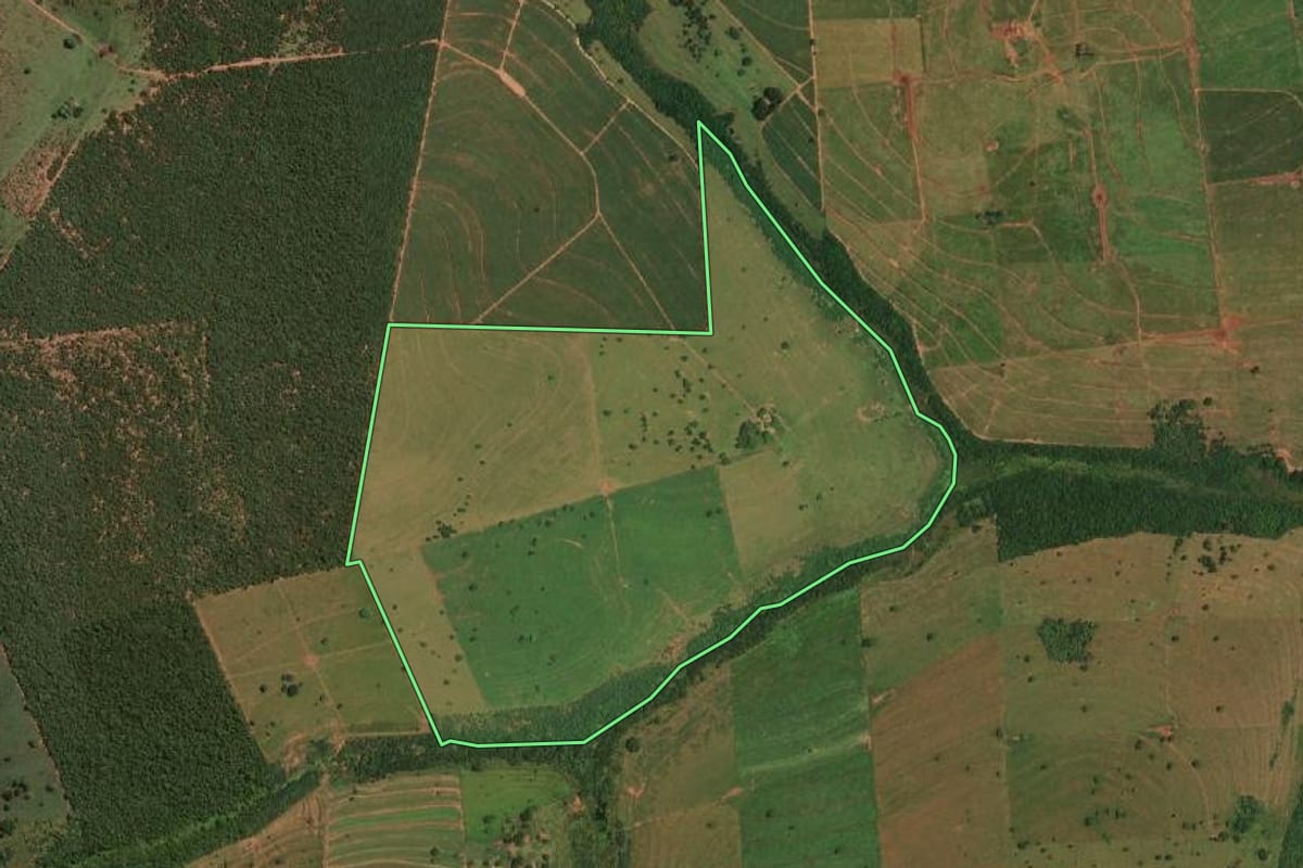 Imagem de satélite do imóvel rural em Rancharia (SP), com o contorno declarado no CAR desenhado por cima.