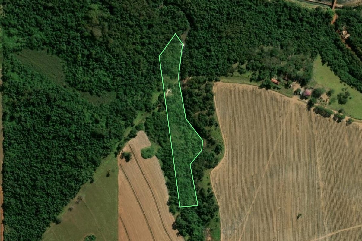 Imagem de satélite do imóvel rural em Rancharia (SP), com o contorno declarado no CAR desenhado por cima.