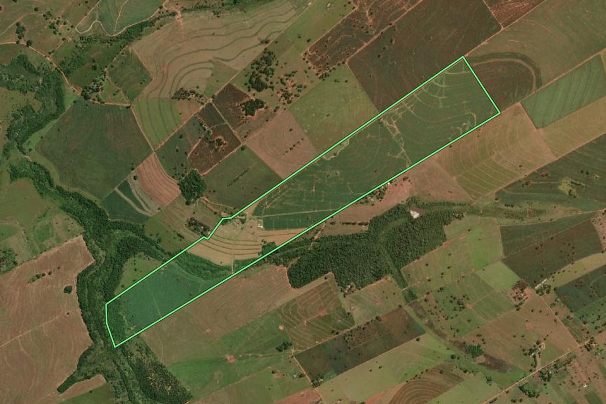 Imagem de satélite do imóvel rural em Rancharia (SP), com o contorno declarado no CAR desenhado por cima.