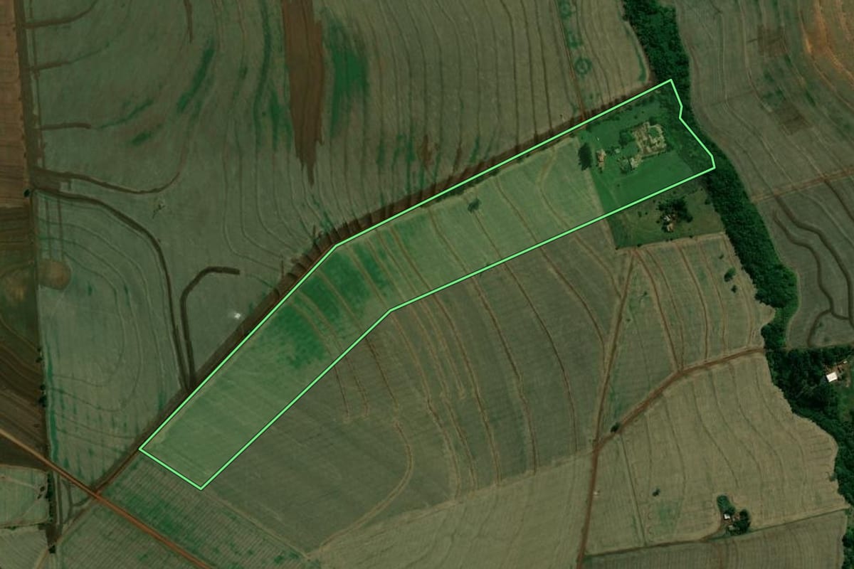 Imagem de satélite do imóvel rural em Rancharia (SP), com o contorno declarado no CAR desenhado por cima.