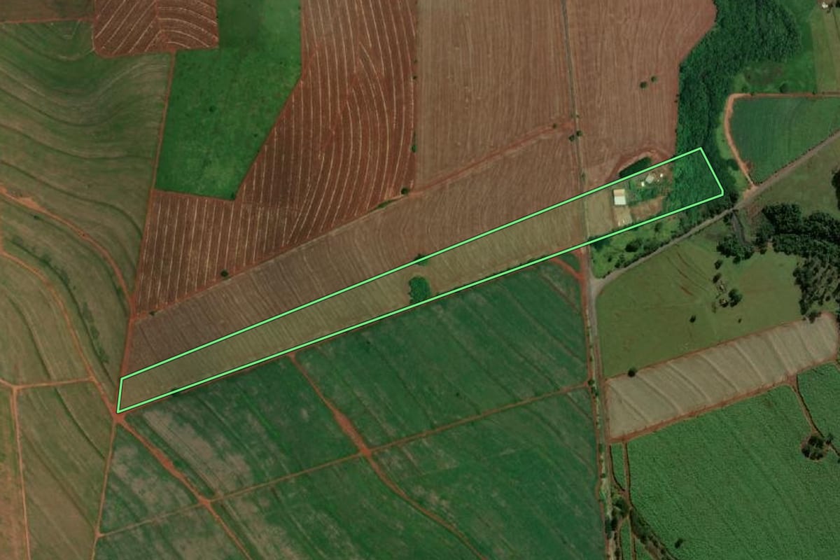 Imagem de satélite do imóvel rural em Rancharia (SP), com o contorno declarado no CAR desenhado por cima.