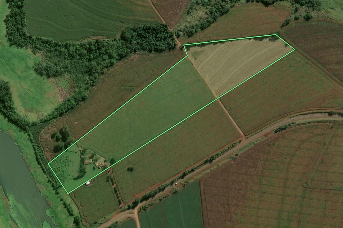Imagem de satélite do imóvel rural em Rancharia (SP), com o contorno declarado no CAR desenhado por cima.
