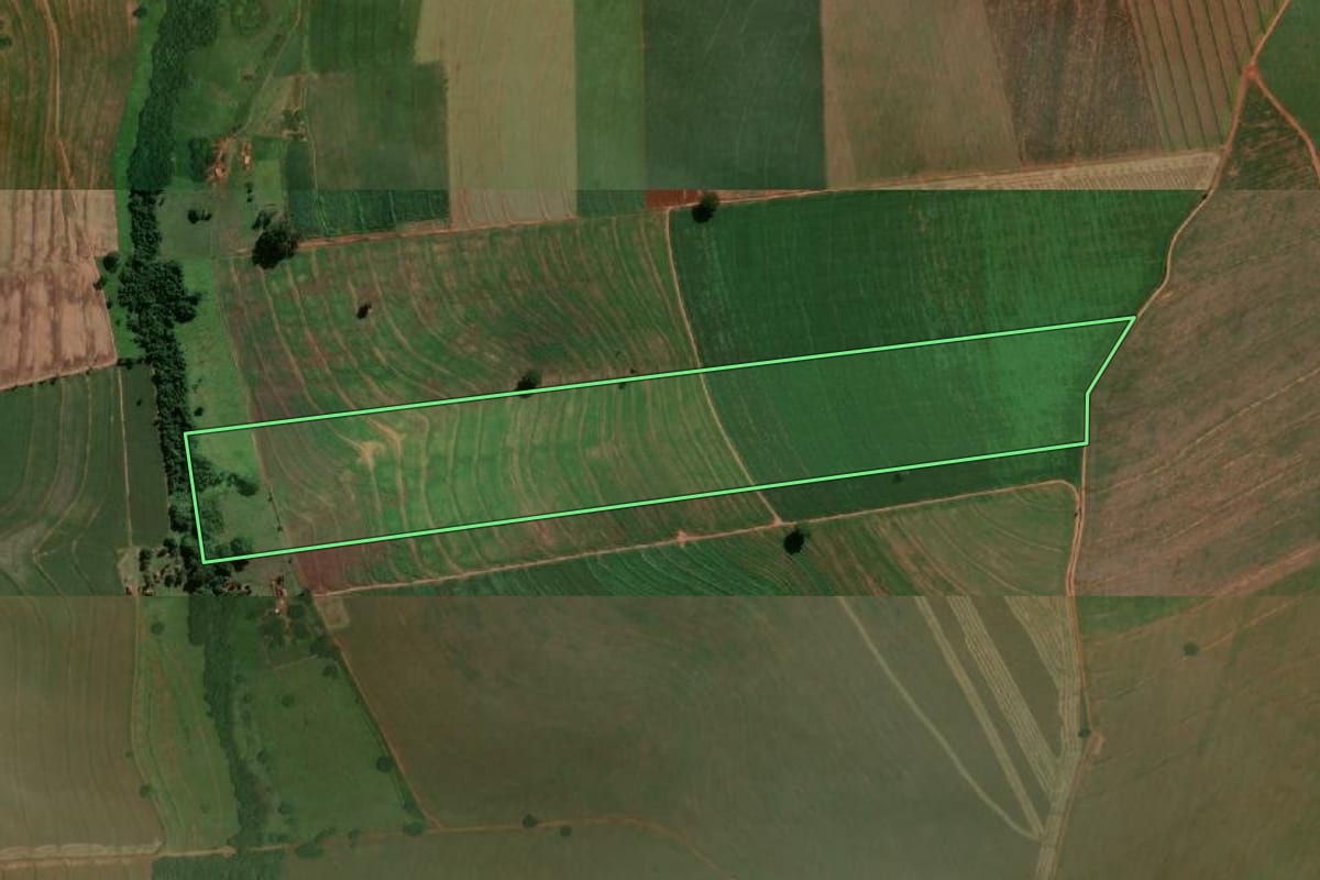 Imagem de satélite do imóvel rural em Rancharia (SP), com o contorno declarado no CAR desenhado por cima.