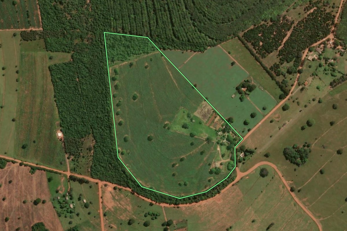 Imagem de satélite do imóvel rural em Rancharia (SP), com o contorno declarado no CAR desenhado por cima.
