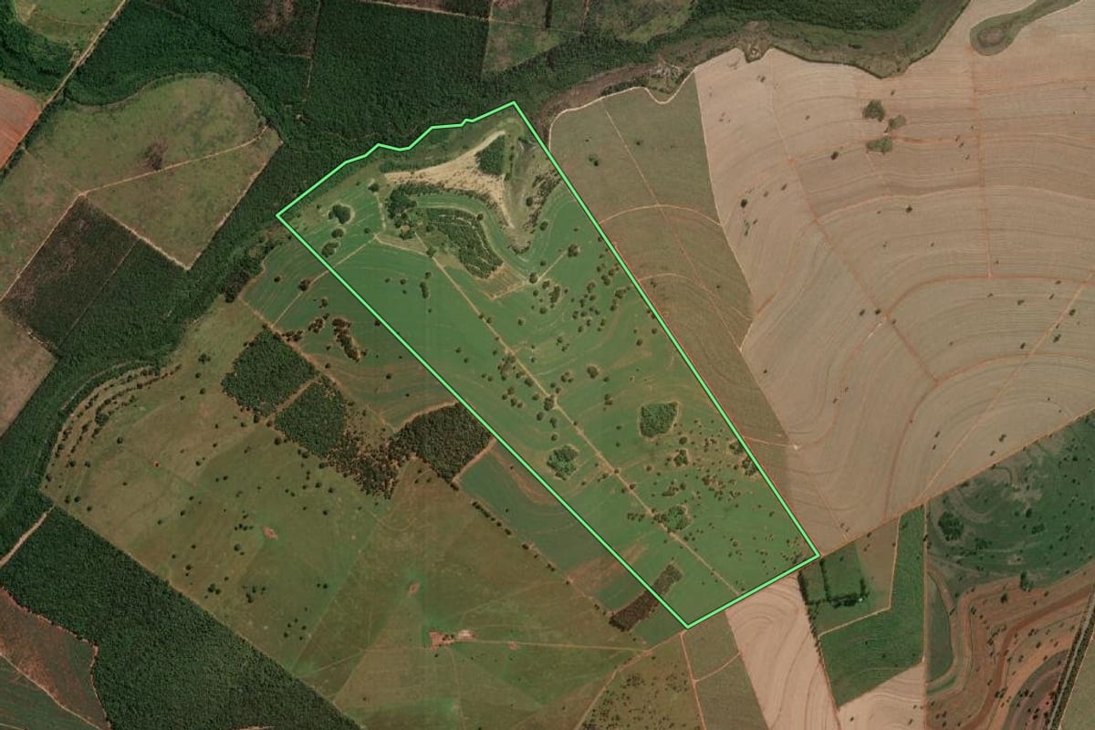 Imagem de satélite do imóvel rural em Rancharia (SP), com o contorno declarado no CAR desenhado por cima.